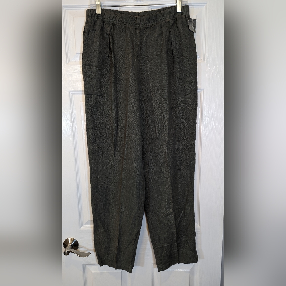 NWT Studio B women's linen relaxed fit elastic waist olive green pants sz M